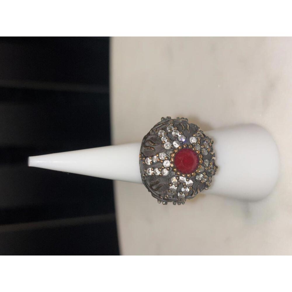 Vintage Ornate Silver Tone Ring with Red Center Stone and Clear Rhinestones SZ 6